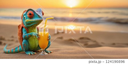 Funny chameleon portrait. Tourist on vacation 124190896