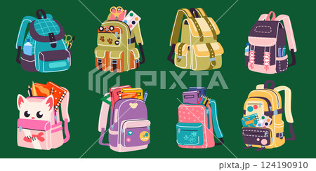 Bag rucksack for education. Back to school. Colorful cartoon flat style luggage with books, pencils and pens, art tools. Study, college supplies. Schoolbag, baggage for kids, knapsack. Vector set Bag rucksack for education. Back to school. Colorful cartoon flat style luggage with books, pencils and pens, art tools. Study, college supplies. Schoolbag, baggage for kids, knapsack. Vector set 124190910