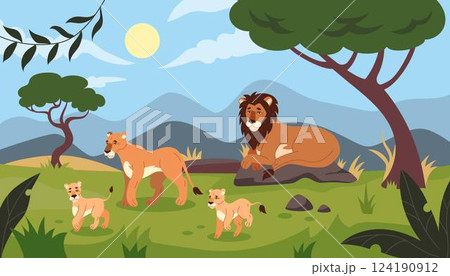 Lion in landscape Africa. Family resting feline. Savannah African lioness, cub, baby. Wildlife panorama. Predator mammal. Vector illustration background tidy cartoon flat style isolated illustration Lion in landscape Africa. Family resting feline. Savannah African lioness, cub, baby. Wildlife panorama. Predator mammal. Vector illustration background tidy cartoon flat style isolated illustration 124190912