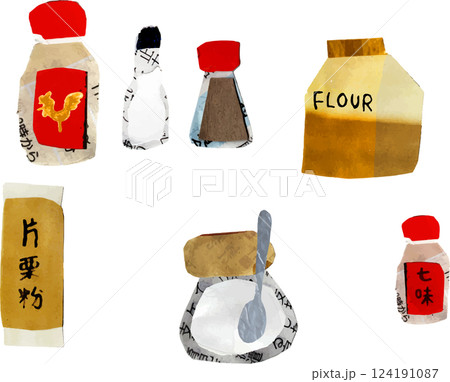 調味料　砂糖　小麦粉　塩こしょう　片栗粉　七味　鶏がらスープ 124191087