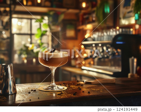 Cozy home bar scene with bartender preparing Carajillo cocktails using espresso, vanilla liqueur, ice, creating simple delicious coffee-based drink 124191449
