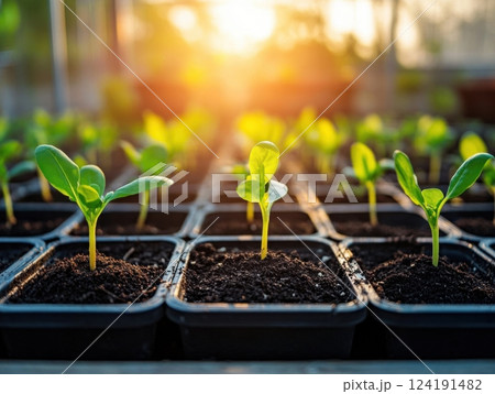 Greenhouse full of young seedlings in trays, vibrant and ready for planting Greenhouse full of young seedlings in trays, vibrant and ready for planting 124191482