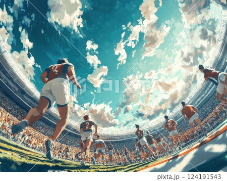 A low-angle perspective of a sports stadium, capturing the excitement of the crowd and athletes, with dynamic action unfolding on the field 124191543