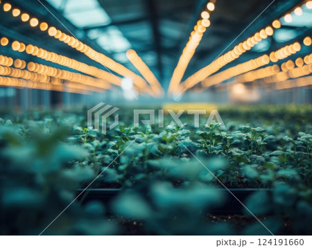 Rows of crops thriving under LED grow lights in...のイラスト素材 [124191660 ...