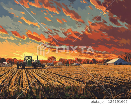 Sunrise over a bustling farm, farmers preparing fields with machinery and tools Sunrise over a bustling farm, farmers preparing fields with machinery and tools 124191665