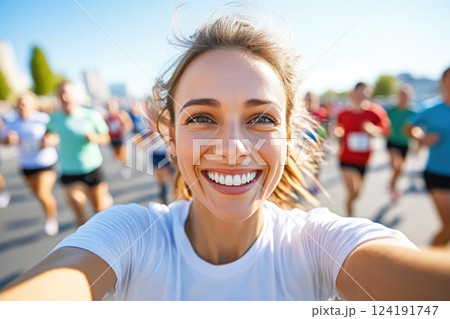 Excited marathon participants taking a selfie together 124191747