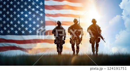 Soldiers Silhouetted Against American Flag Soldiers Silhouetted Against American Flag 124191751
