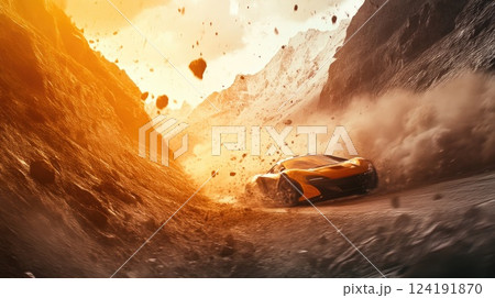 Hypercar racing on a winding mountain road at dusk Hypercar racing on a winding mountain road at dusk 124191870