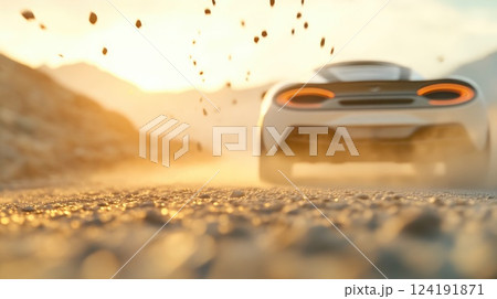 Luxury hypercar creating dust clouds on a scenic mountain path Luxury hypercar creating dust clouds on a scenic mountain path 124191871