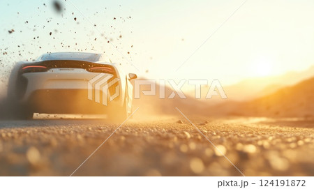 Epic mountain drive with hypercar in the golden hour glow Epic mountain drive with hypercar in the golden hour glow 124191872