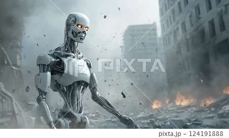 Futuristic Warrior Robot Amidst Collapsing Urban Ruins 124191888