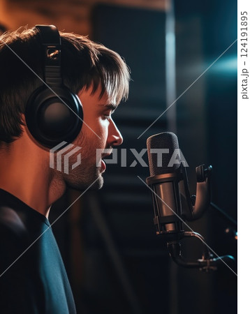 Close-up of male singer performing in recording studio Close-up of male singer performing in recording studio 124191895