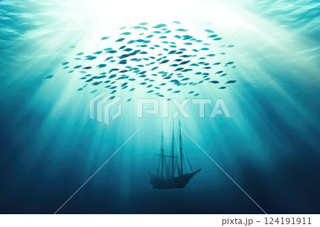 Caribbean Sunken Ship Surrounded by Fish Herd 124191911