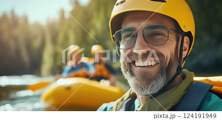 Thrilling water rafting adventure with happy participants Thrilling water rafting adventure with happy participants 124191949