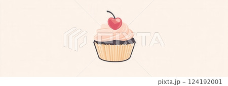 A minimalist cupcake design showcases a charming cherry on top with warm pastel colors, perfect for bakery branding and aesthetic appeal. 124192001