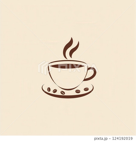 A minimalist coffee cup with steam and scattered coffee beans in warm brown and beige colors creates a stylish design. 124192019