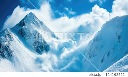 Powerful Snow Avalanche Racing Down Mountain Slope Powerful Snow Avalanche Racing Down Mountain Slope 124192221