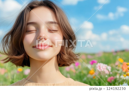 Young Woman Enjoying Peaceful Moment in Flower Field Young Woman Enjoying Peaceful Moment in Flower Field 124192230