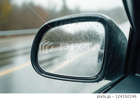 Highway Journey Captured in Rearview Mirror Highway Journey Captured in Rearview Mirror 124192246