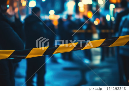 Police Officers Securing Crime Scene with Caution Tape 124192248