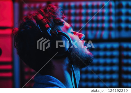 Man with headphones creating music in a recording studio Man with headphones creating music in a recording studio 124192259