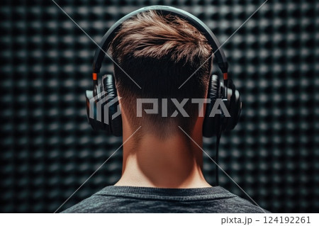 A man wearing headphones in a recording studio is recording a song 124192261
