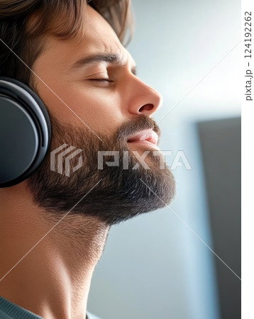 Young man enjoying listening to music on a blue studio background 124192262