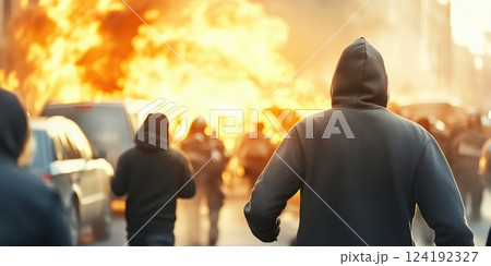 Demonstrators in Hoodies Confront Riot Police Amid Burning Cars 124192327