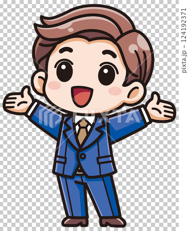 向量插圖:一個穿著西裝、睜著眼睛、張開雙臂的開朗男人/帶有陰影高光 向量插圖:一個穿著西裝、睜著眼睛、張開雙臂的開朗男人/帶有陰影高光 124192371