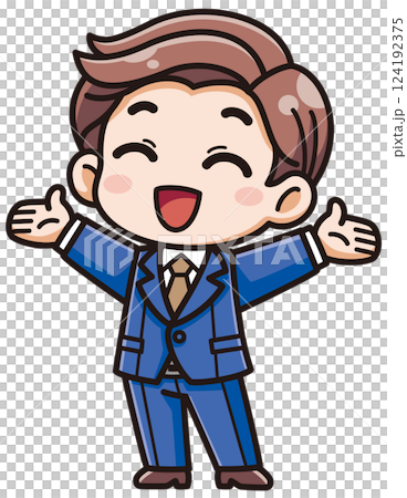 向量插圖：一位穿著西裝的快樂男士微笑著張開雙臂/帶有陰影高光 124192375