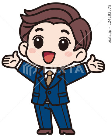 スーツを着た元気な男性が目を開けて両手を大きく広げているベクターイラスト／影なしシンプル 124192378