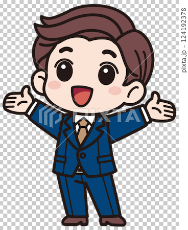 スーツを着た元気な男性が目を開けて両手を大きく広げているベクターイラスト／影なしシンプル 124192378