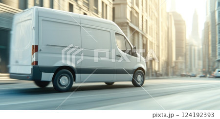 White Delivery Van Moving Down City Road White Delivery Van Moving Down City Road 124192393