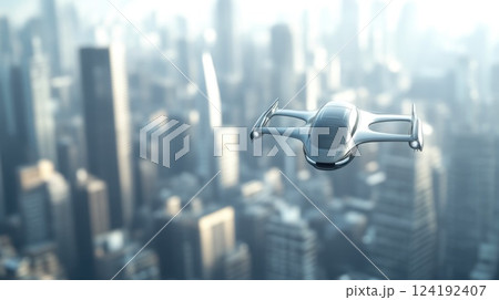 High-tech flying car gliding through the city skyline High-tech flying car gliding through the city skyline 124192407