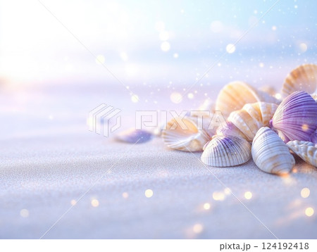 Sparkling Seashells on Shimmering Beach at Sunset 124192418