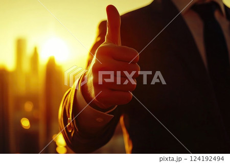 Confident Businessman Giving Thumbs Up Gesture at Sunset Confident Businessman Giving Thumbs Up Gesture at Sunset 124192494