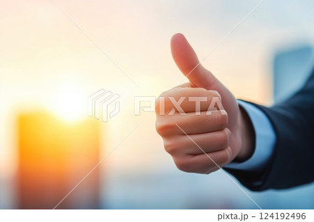 Businessman in Suit Thumbs Up at Sunset View Businessman in Suit Thumbs Up at Sunset View 124192496