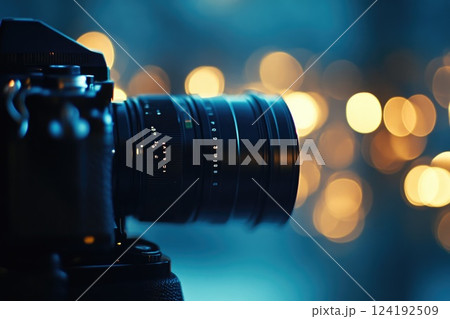 Camera Lens Close-Up with Colorful Bokeh Background 124192509