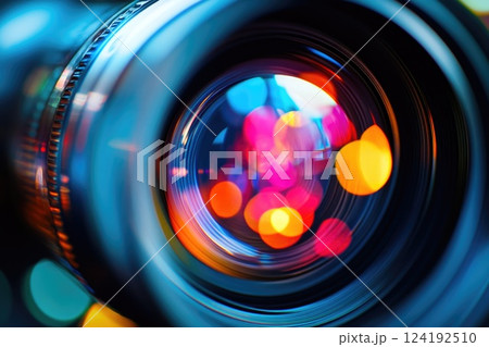 Detailed View of a Camera Lens with Blurred Lights 124192510