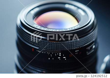Captivating Light Reflections on Camera Lens Close-Up 124192512