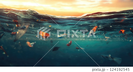 Ocean Pollution Close-up with Floating Waste 124192545