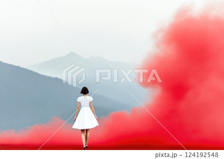 Dreamy Landscape with Red Smoke and Clouds Dreamy Landscape with Red Smoke and Clouds 124192548