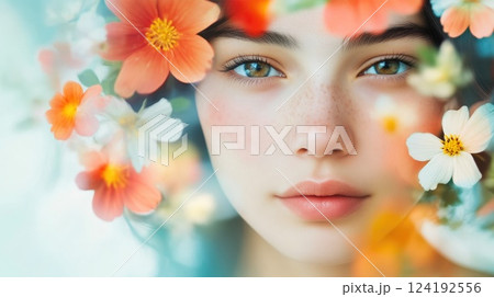 Vibrant Floral Double Exposure with Elegant Woman 124192556