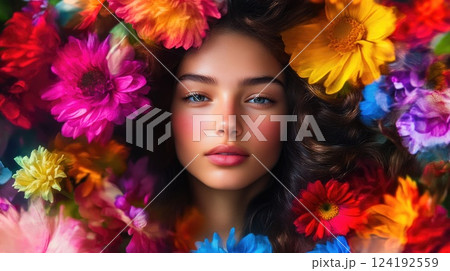 Ethereal Woman Surrounded by Blurred Flower Colors 124192559