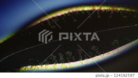 Abstract background. Glitch wave. Blur yellow color noise artifacts with holographic neon light spreading on dark black screen in retro art. 124192597