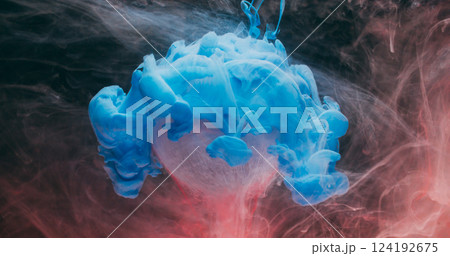 Liquid fume. Round texture. Defocused blue white colorful fluid wave paint flow vapor water on abstract art dark black background. 124192675