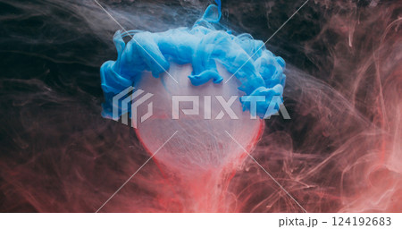 Round ball. Paint wave. Defocused blue white color smoke texture geometric shape water dripping on abstract dark black background. Round ball. Paint wave. Defocused blue white color smoke texture geometric shape water dripping on abstract dark black background. 124192683