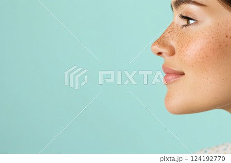 Woman portrait with freckles on her face side view on blue background Woman portrait with freckles on her face side view on blue background 124192770