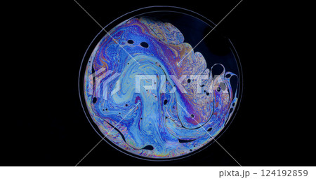 Multicolor liquid. Chaotic bubble. Neon oil paint blend art fluid round portal lens. Abstract spill pigment blur surface black background. Multicolor liquid. Chaotic bubble. Neon oil paint blend art fluid round portal lens. Abstract spill pigment blur surface black background. 124192859