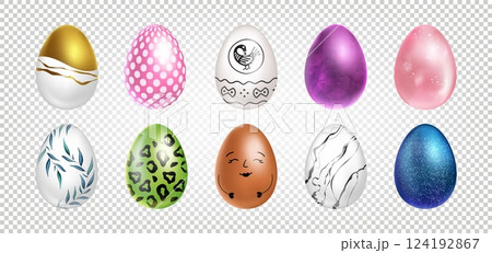 Easter egg 3D. Colorful spring holiday element. Realistic decorative pattern. Gold metal, yellow, orange symbol. Luxury metallic premium isolated elements. Pattern decor on celebration. Vector eggs Easter egg 3D. Colorful spring holiday element. Realistic decorative pattern. Gold metal, yellow, orange symbol. Luxury metallic premium isolated elements. Pattern decor on celebration. Vector eggs 124192867